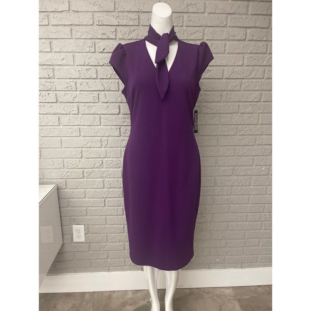 New York & Company Women Deep Purple Sheath Bow Tie Dress Size M NWT - Picture 2 of 11